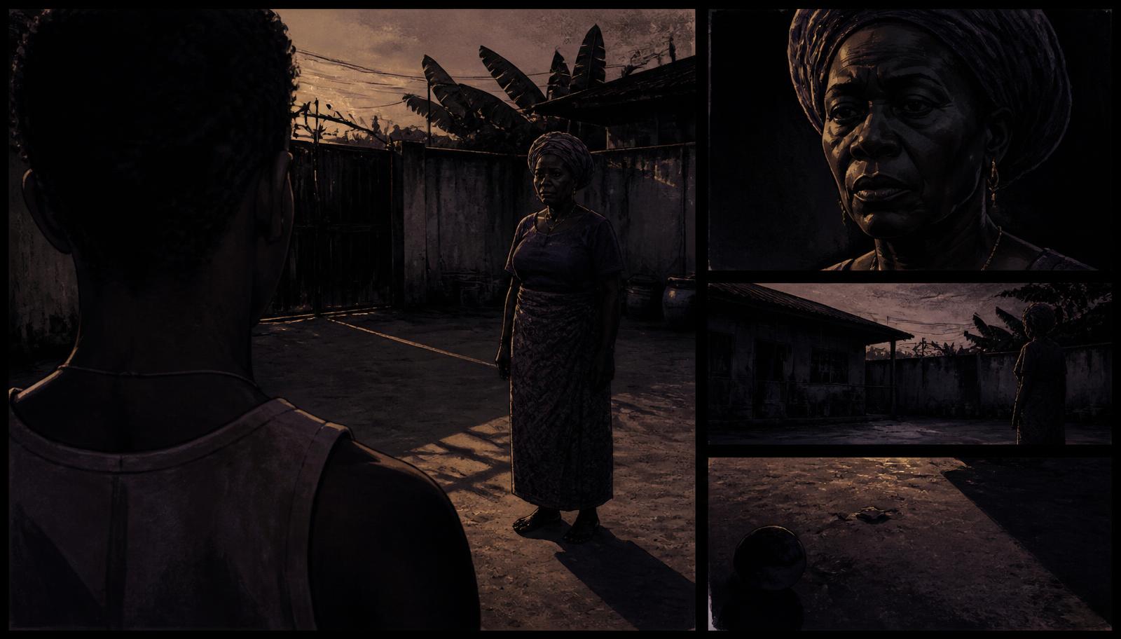 Mama Ngozi waiting in the compound yard as the evening light fails